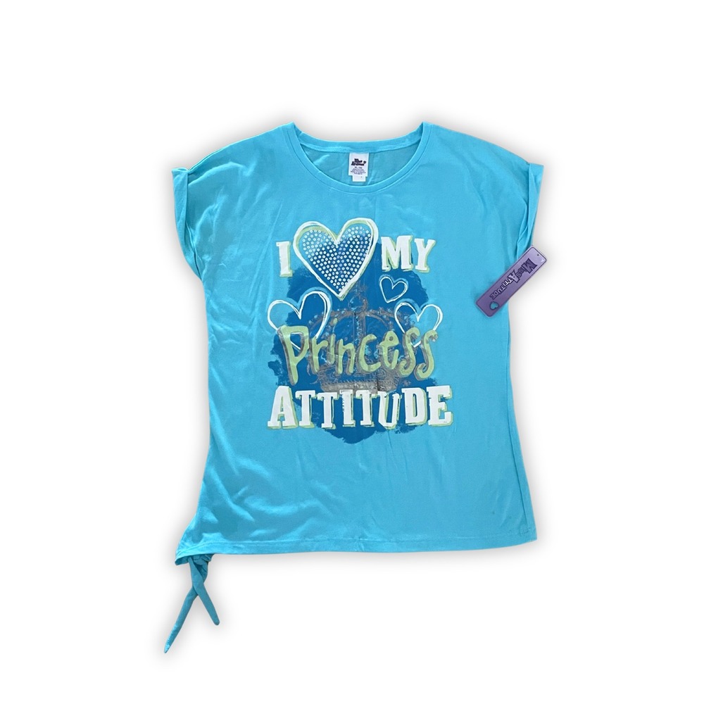 NWT Miss Attitude Girls Blue Princess Graphic Sequin Side Tie T-Shirt XL 16